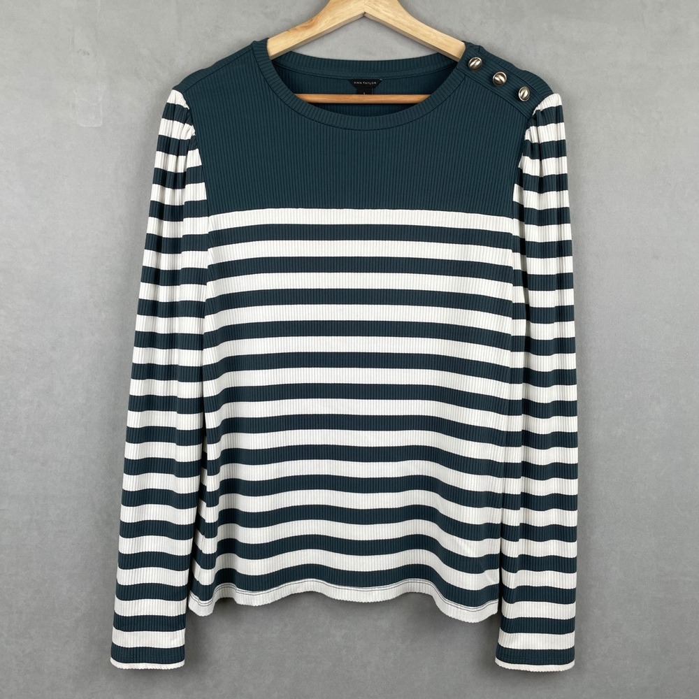 Ann Taylor Striped‎ Ribbed Knit Top Teal Wht Gold Button French Girl L/S Shirt L